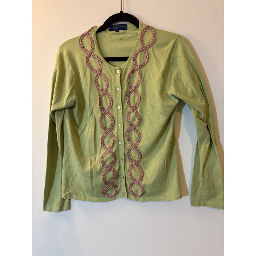 J. McLaughlin Size Medium Green Cardigan Pink Braided Trim Cotton Blend V-Neck